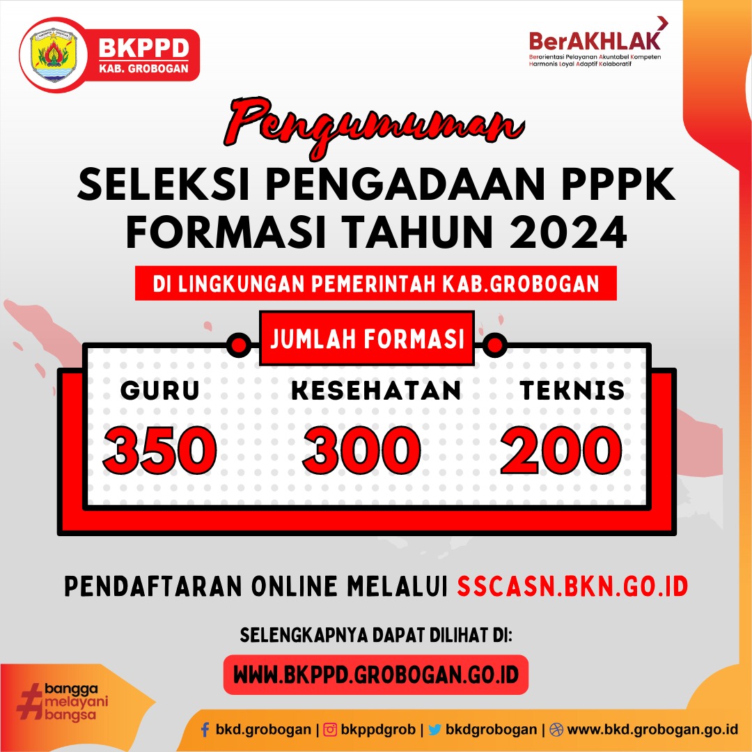 PENGUMUMAN TENTANG SELEKSI PEGAWAI PEMERINTAH DENGAN PERJANJIAN KERJA (PPPK) DI LINGKUNGAN PEMERINTAH KABUPATEN GROBOGAN FORMASI TAHUN 2024  