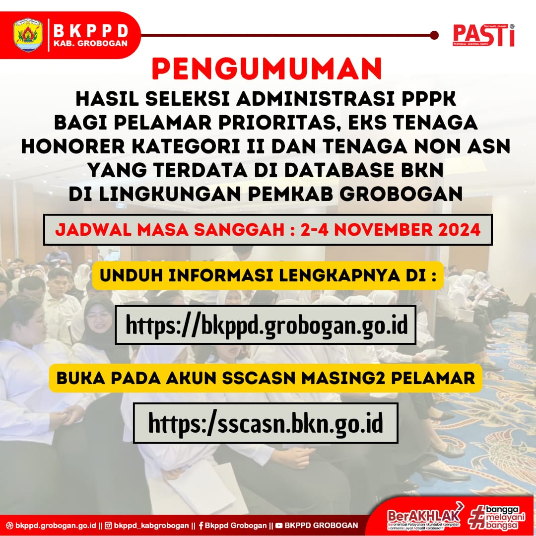 PENGUMUMAN TENTANG HASIL SELEKSI ADMINISTRASI PEGAWAI PEMERINTAH DENGAN PERJANJIAN KERJA (PPPK) BAGI PELAMAR PRIORITAS, EKS TENAGA HONORER KATEGORI II DAN TENAGA NON ASN YANG TERDATA DALAM PANGKALAN DATA (DATABASE) BKN DI LINGKUNGAN PEMERINTAH KABUPATEN