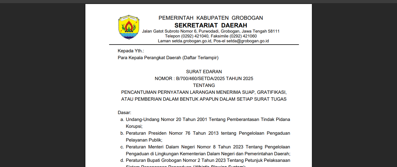 Pemerintah Grobogan Dorong Budaya Kerja Berintegritas Lewat Kebijakan Antigratifikasi